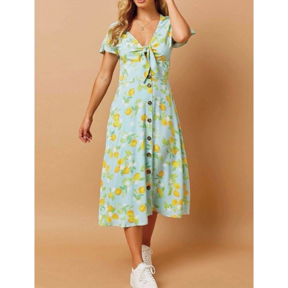 Beach Bunny Lemon Tie Midi Dress Blue Yellow S boho whimsi daintycottage fairy